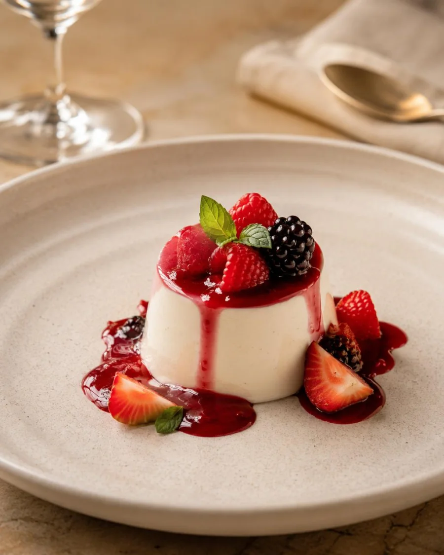 Creamy Italian dolce with raspberry sauce, fresh berries, and mint