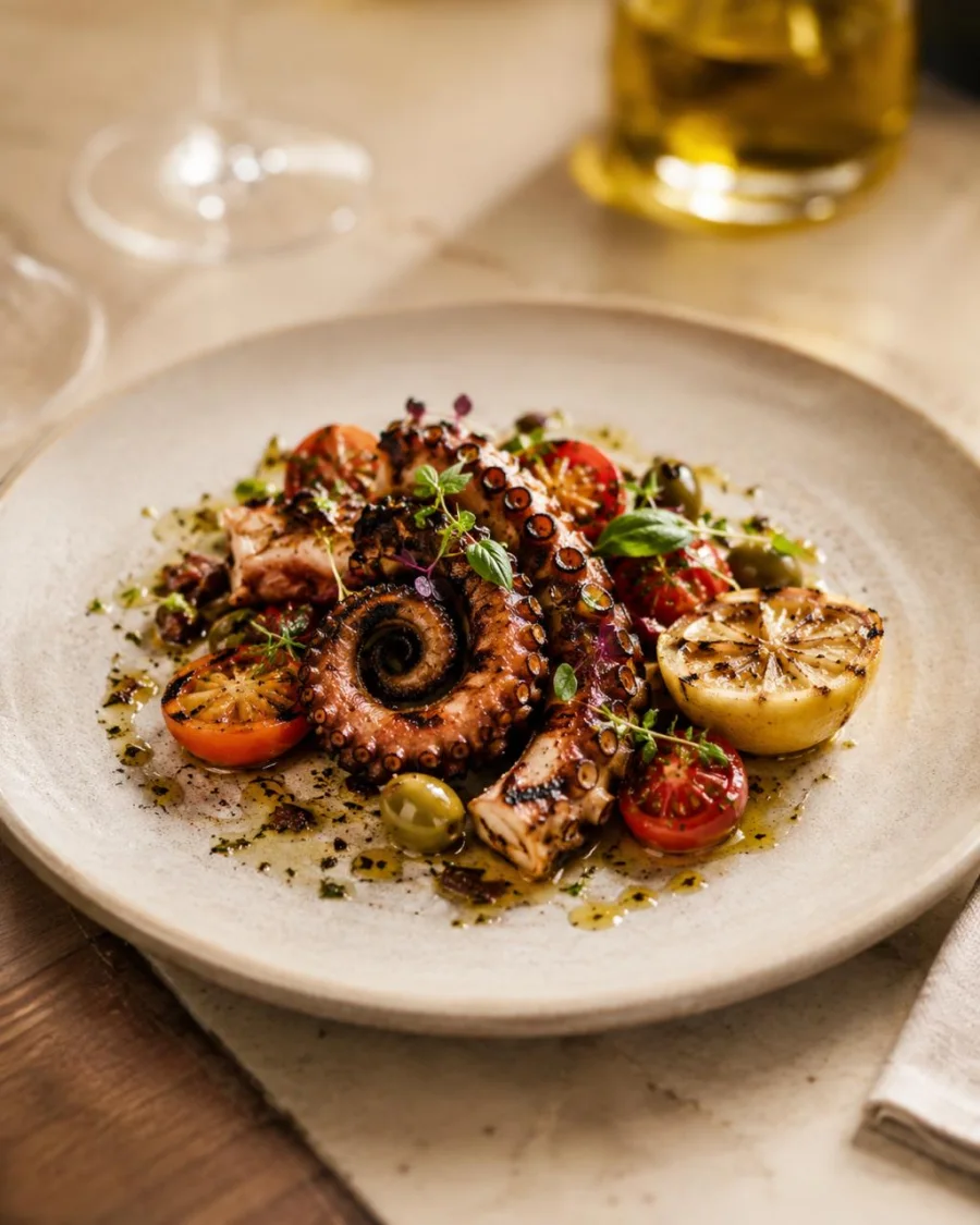 Grilled octopus with cherry tomatoes, olives, charred lemon, herbs, and olive oil