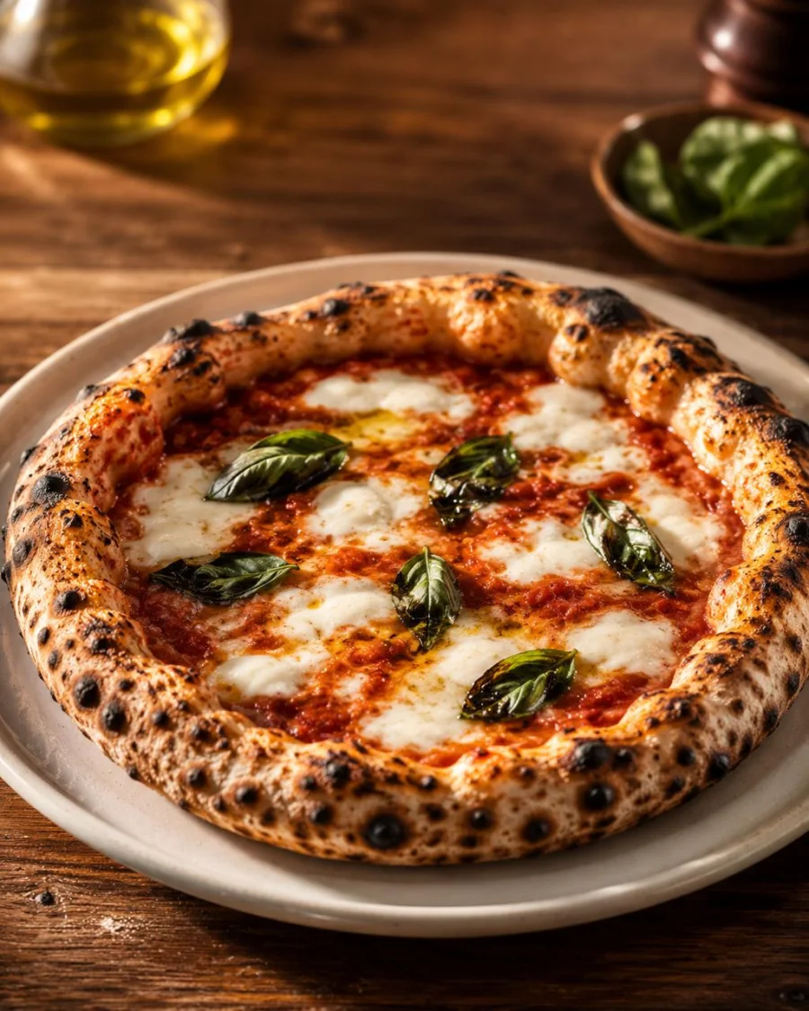 Margherita pizza with mozzarella, tomato, basil, and blistered crust