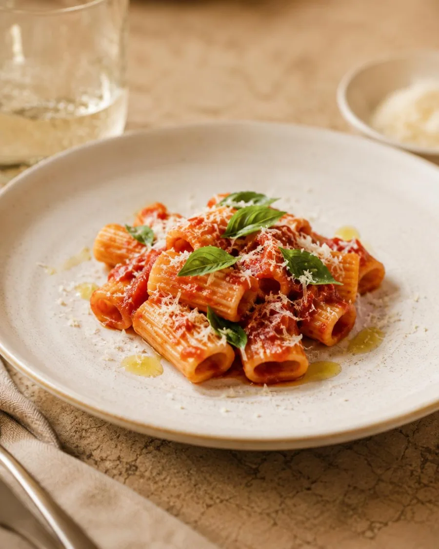 Rigatoni pasta with tomato sauce, basil, and Parmigiano